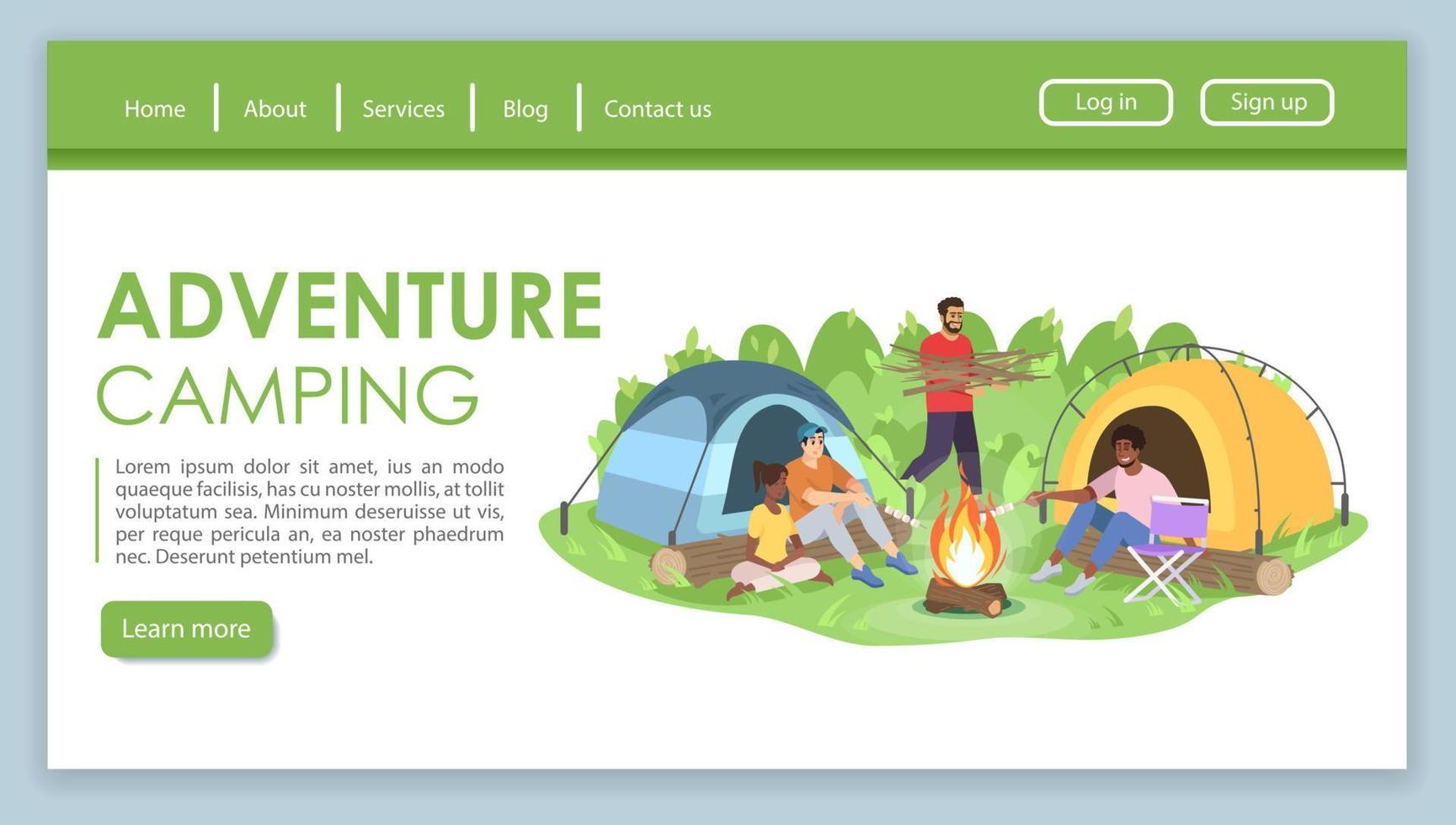 äventyr camping målsida vektor mall. friluftsliv webbplats gränssnitt idé med platta illustrationer. layout för turistbyråns hemsida. vandringsresa webbbanner, webbsida tecknad koncept