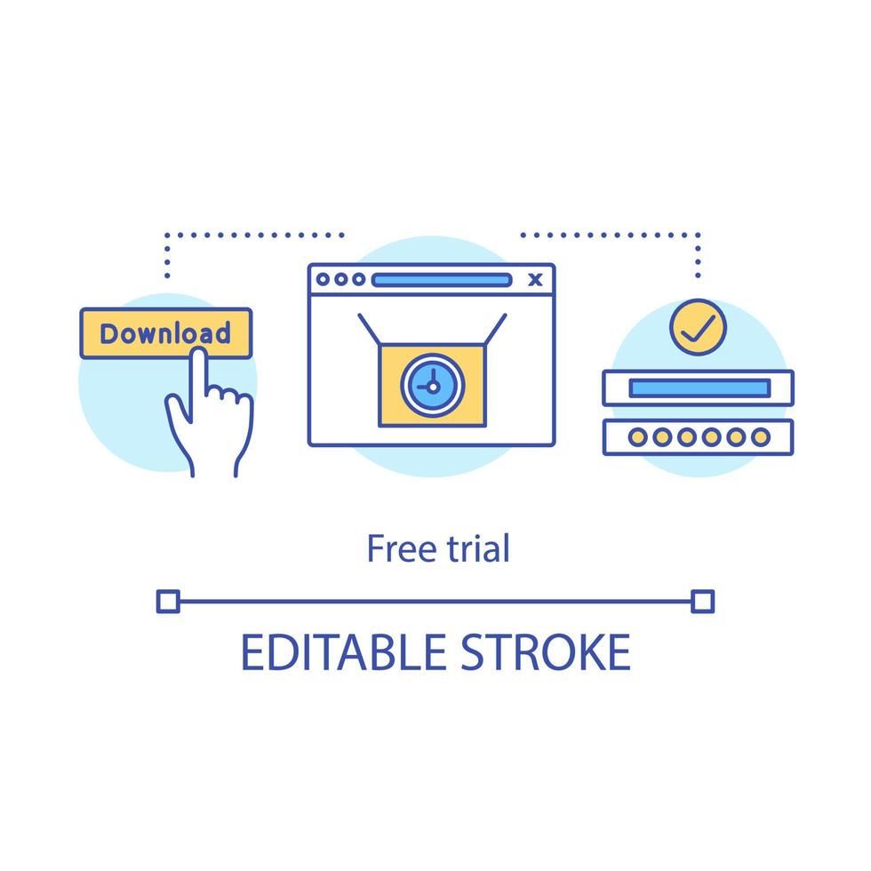 Symbol für kostenloses Testkonzept. programminstallationsidee dünne linienillustration. Entwicklung mobiler Apps. Computeranwendung. temporäres Abonnement. Vektor isoliert Umrisszeichnung. editierbarer Strich