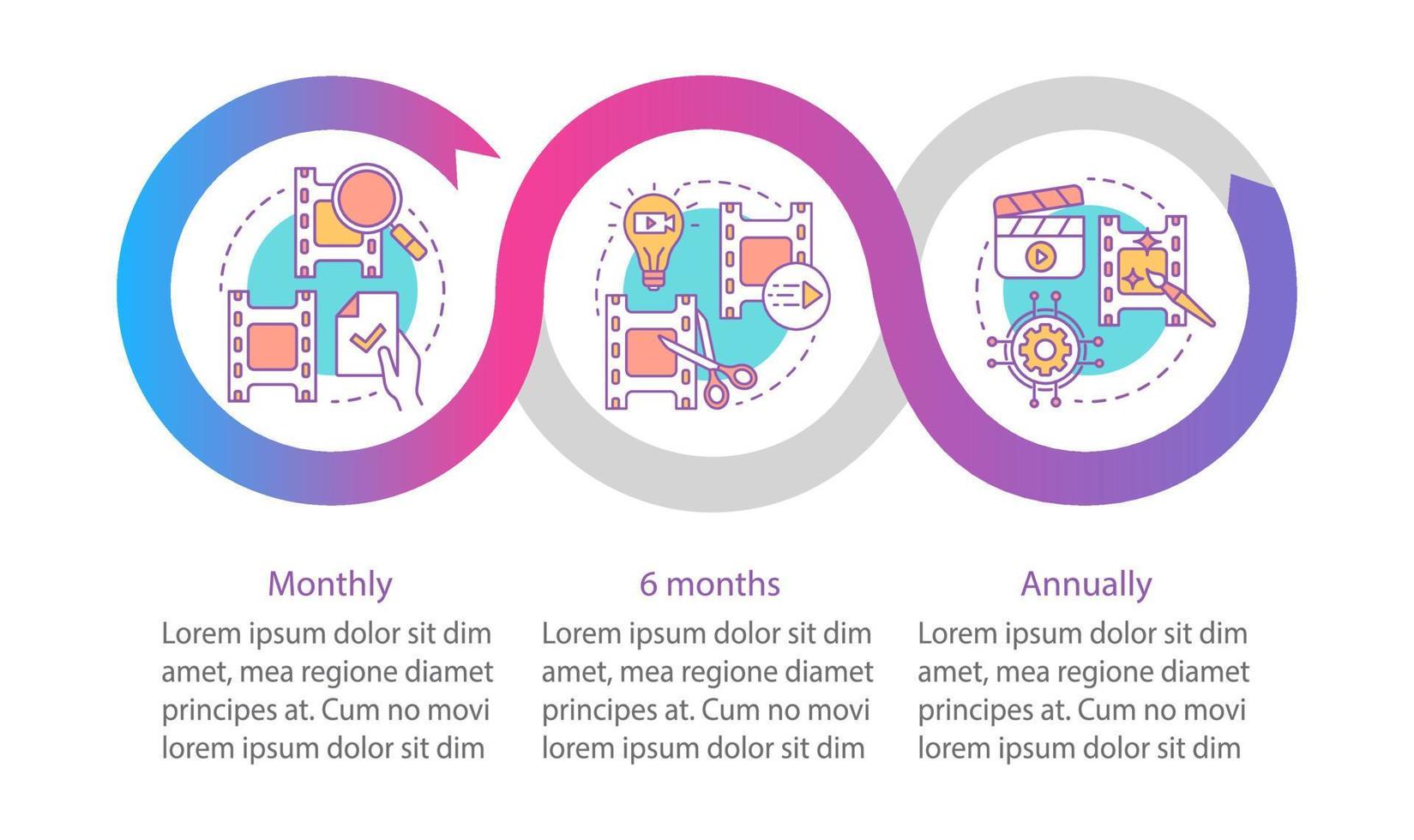 Video-Editor-Abonnement-Vektor-Infografik-Vorlage. Gestaltungselemente für Geschäftspräsentationen. Datenvisualisierung, drei Schritte. Monatstarif. Diagramm der Prozesszeitleiste. Workflow-Layout, lineare Symbole vektor