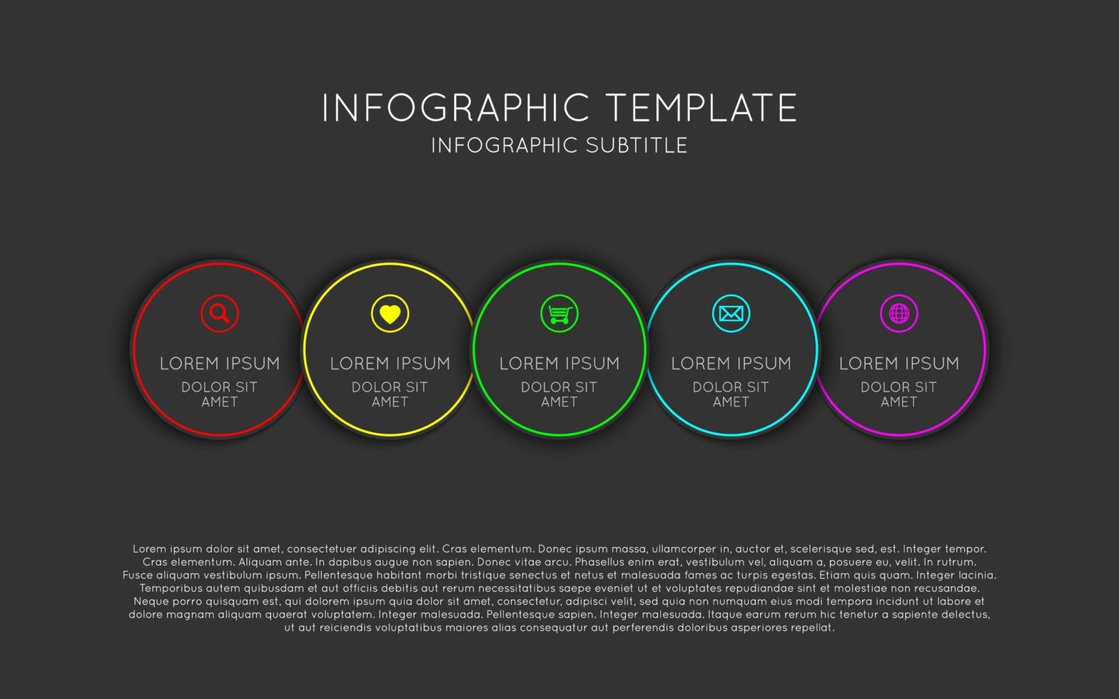Vektor-Infografik-Vorlage mit fünf dunklen Kreisen mit farbigen Kanten und Symbolen. modernes Prozessschema auf schwarzem Hintergrund vektor