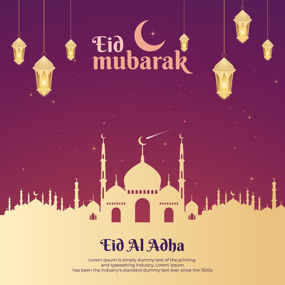 eid al adha mubarak grußkarte. islamischer hintergrund mit schönem moscheendesign, sternen, mond und antiken laternen vektor