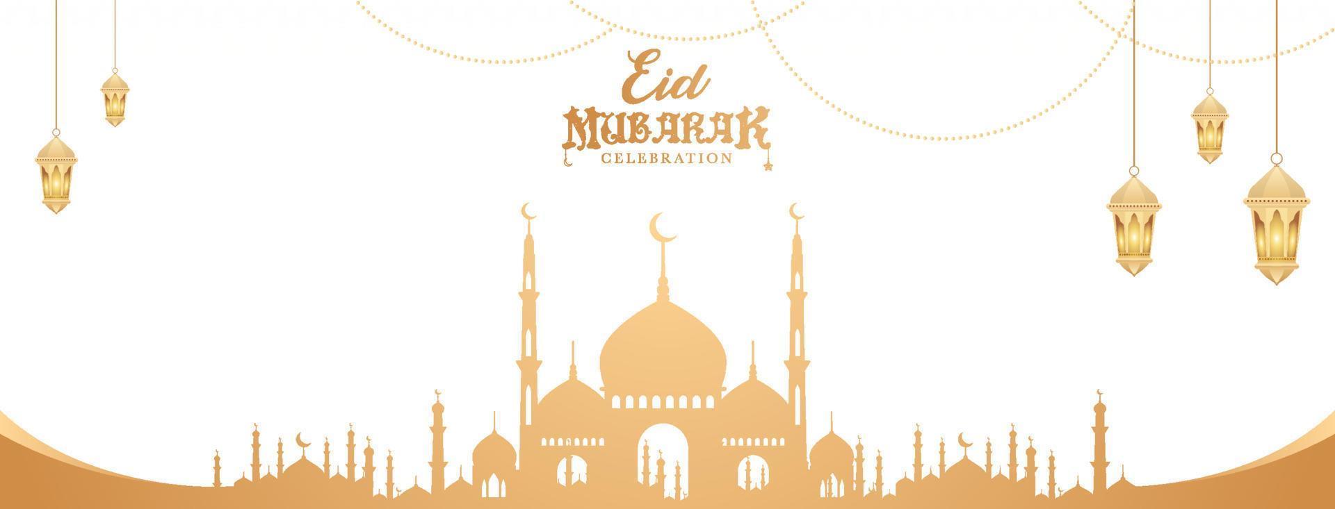 eid mubarak guld kreativ omslagsbakgrundsdesign med moské och islamisk lampa vektor