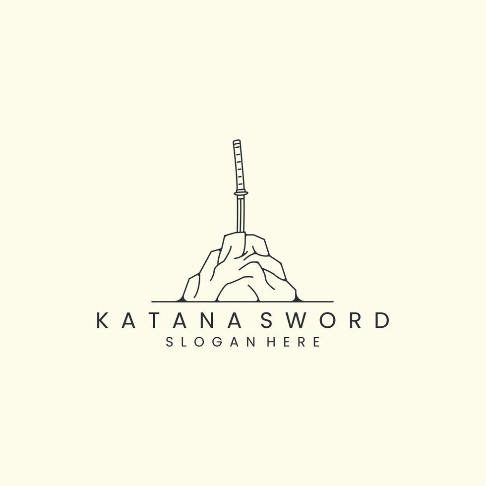 Katana-Schwert und Stein mit Logo-Vektorillustration im Linienkunststil. Japanisch, Waffe, Template-Icon-Design vektor