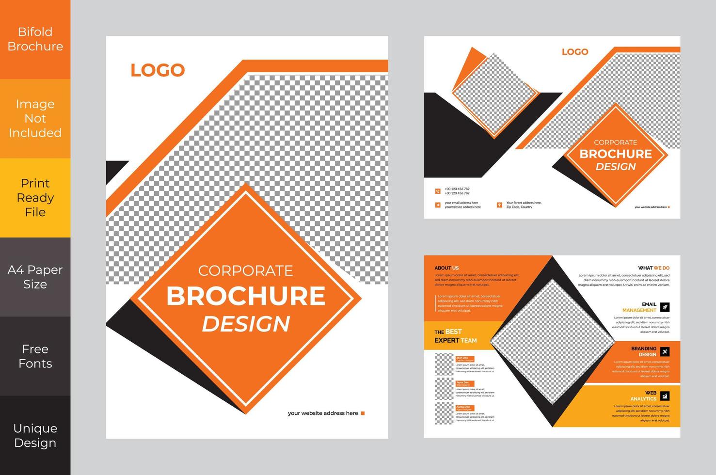 zweifach gefaltetes Broschüren-Design für Unternehmen in Orange und Schwarz vektor