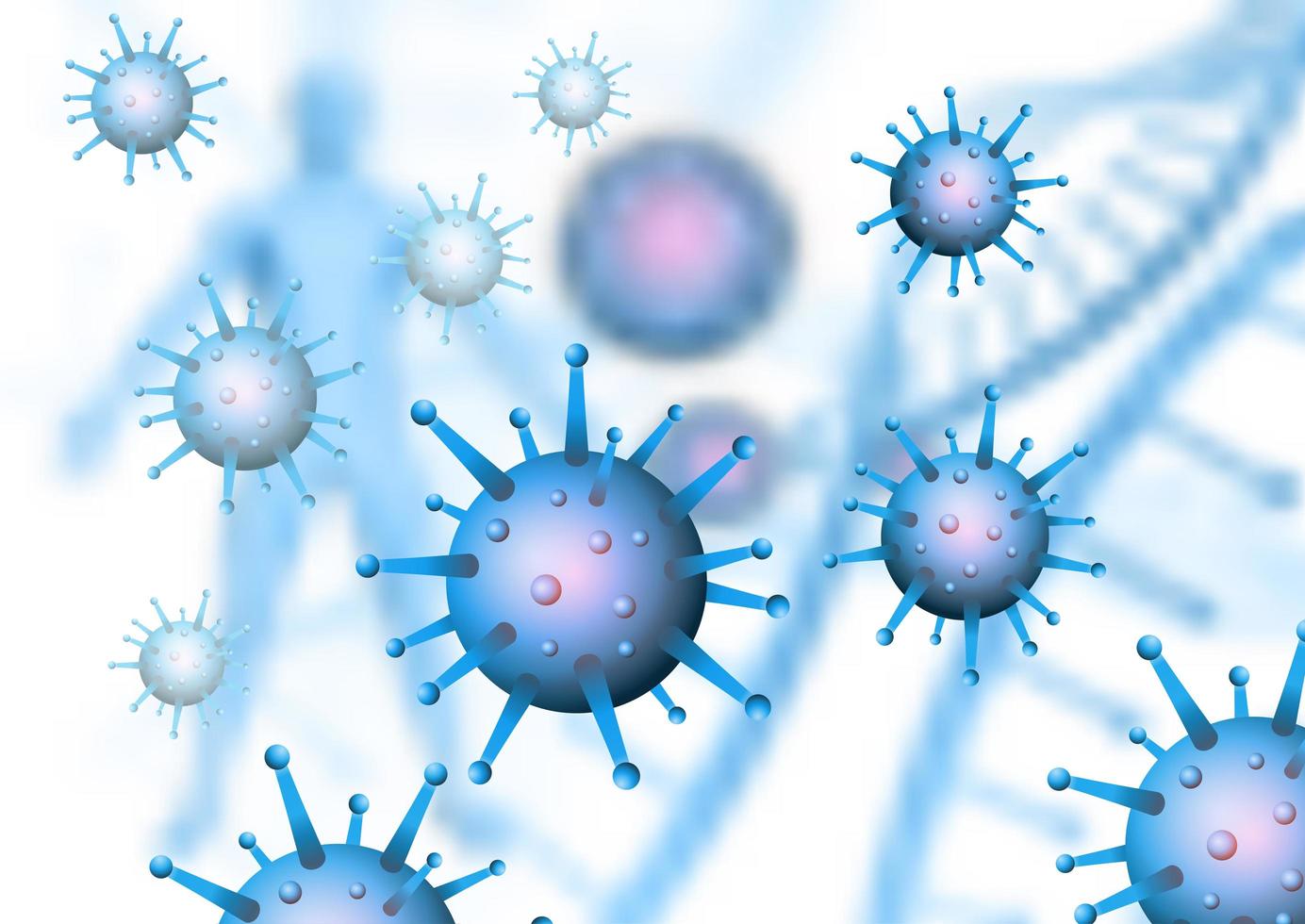 medizinischer Hintergrund mit Covid-Virus-Zellen und menschlicher Form vektor