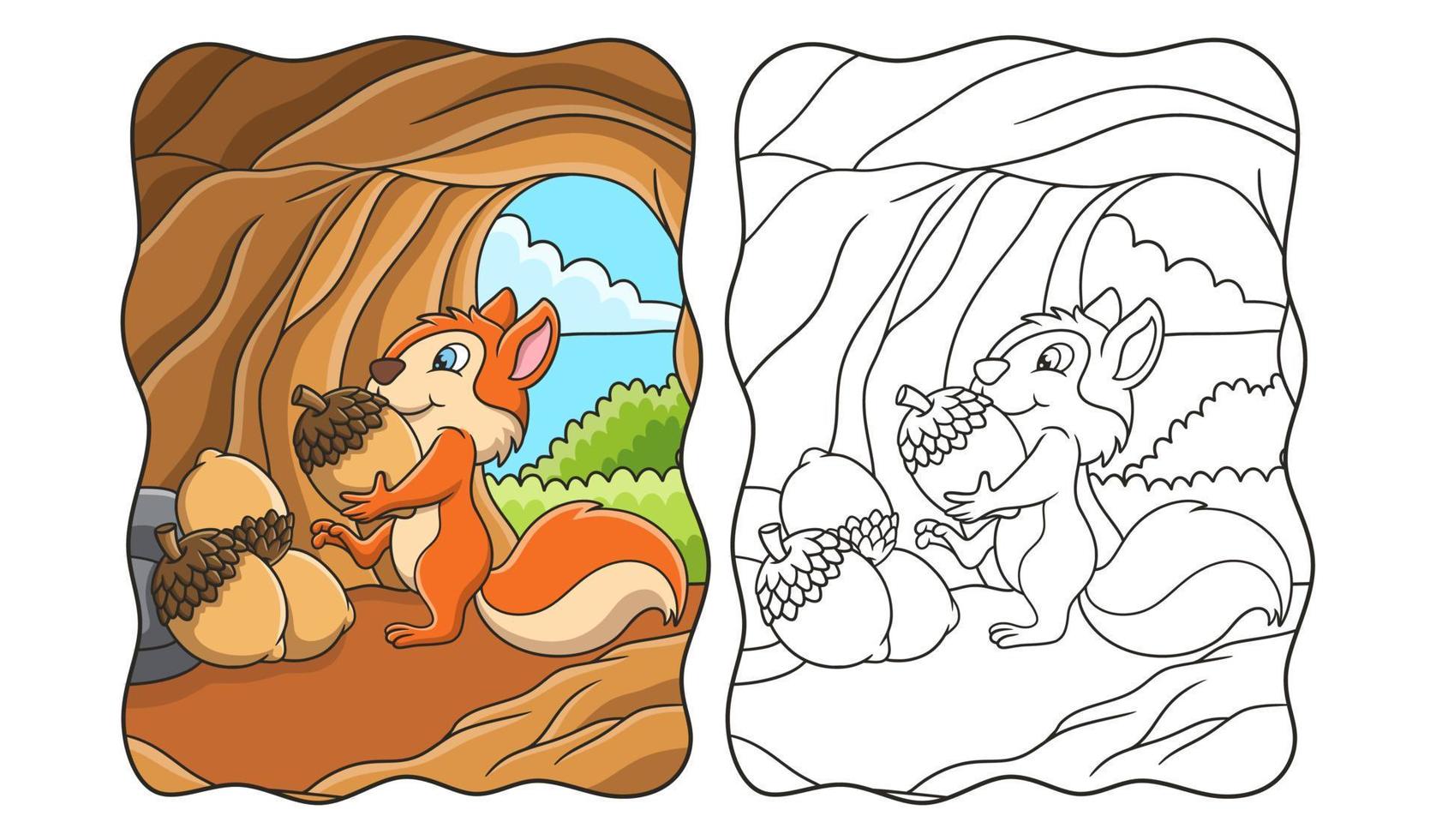 karikaturillustration das eichhörnchen sammelt nahrungsmittel in form von ahornnüssen, die in seinem haus auf dem baumbuch oder der seite für kinder aufbewahrt werden vektor