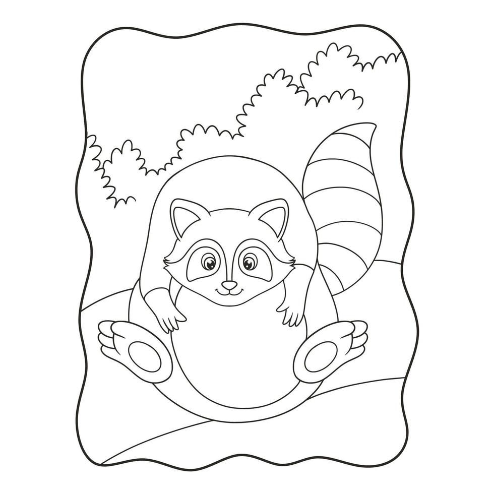 tecknad illustration tvättbjörn som ser mätt ut av att äta för mycket och inte kan göra någonting bok eller sida för barn svart och vitt vektor