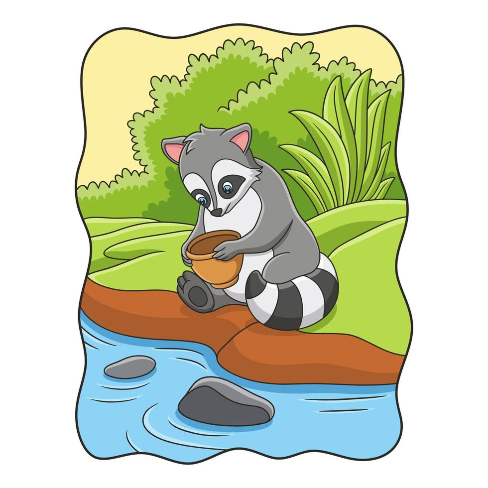 karikaturillustration der waschbär sitzt am fluss, hält das glas und spielt damit vektor