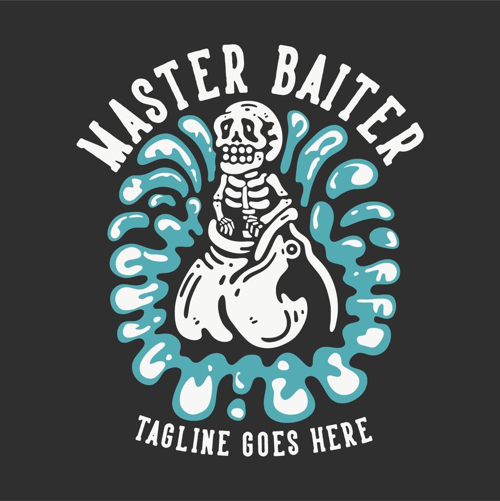 T-Shirt-Design-Meisterköder mit Skelett, das von Fischen mit grauer Hintergrund-Vintage-Illustration gefressen wird vektor