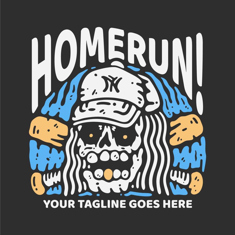 T-Shirt Design Homerun mit dem Schädel, der Baseballmütze mit grauer Hintergrundweinleseillustration trägt vektor