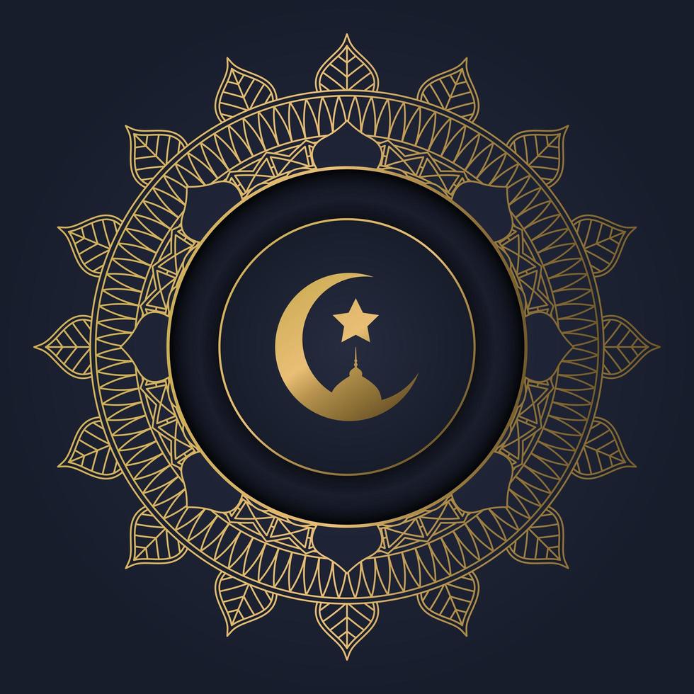 mörkblå med ramadan gyllene stjärna mandala ram vektor