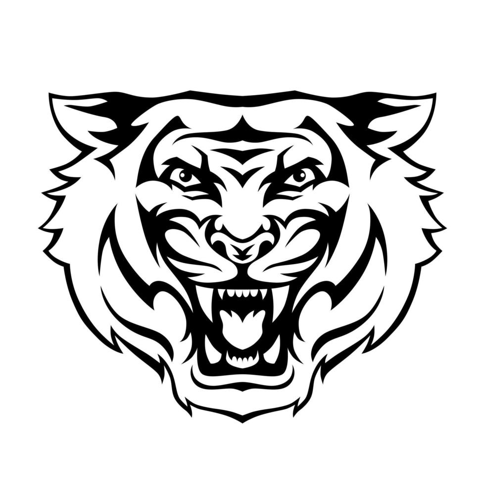 wütender Tiger brüllt Kopfgesicht. vektorillustration für tätowierung, druck, plakat, aufkleber, logo, tätowierung, emblem. Schwarz und weiß. vektor