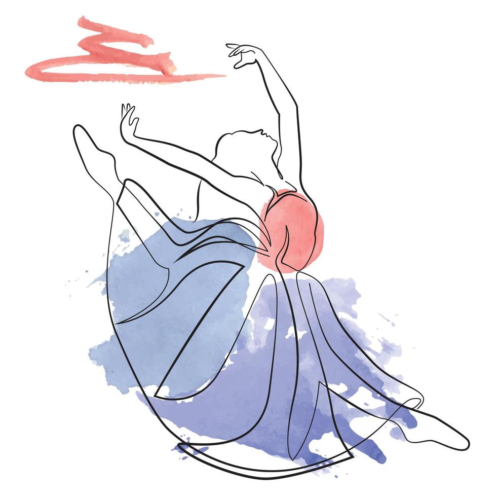 skiss av en kvinna i en klänning balettdansös linjekonst kontinuerlig konst akvarell ikon flicka vektor