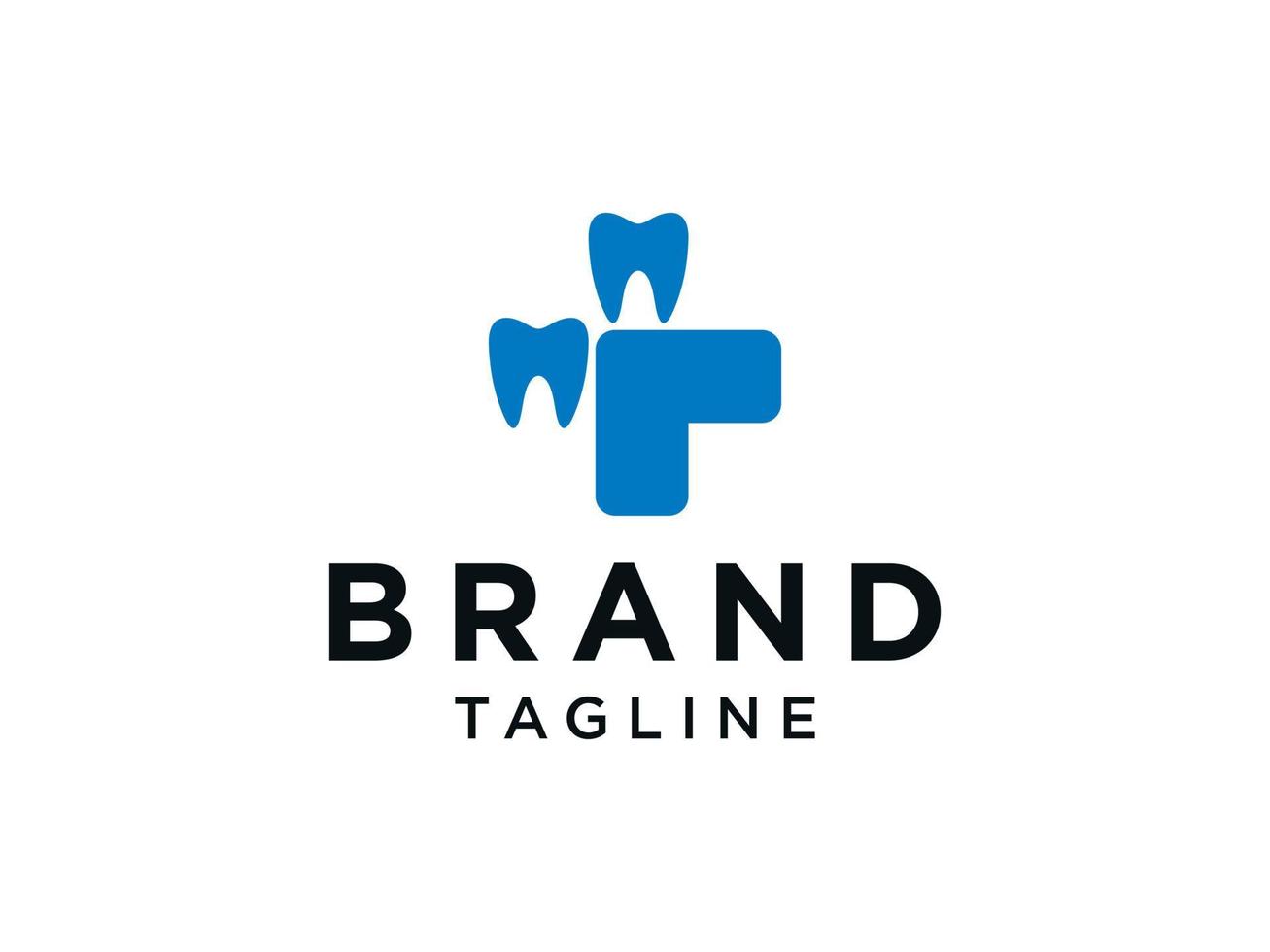 tandvårdsklinikens logotyp. blå form korsskylt med tand symbol kombination isolerad på vit bakgrund. användbar för logotyper för tandläkare, sjukvård och medicin. platt vektor logotyp designmall element