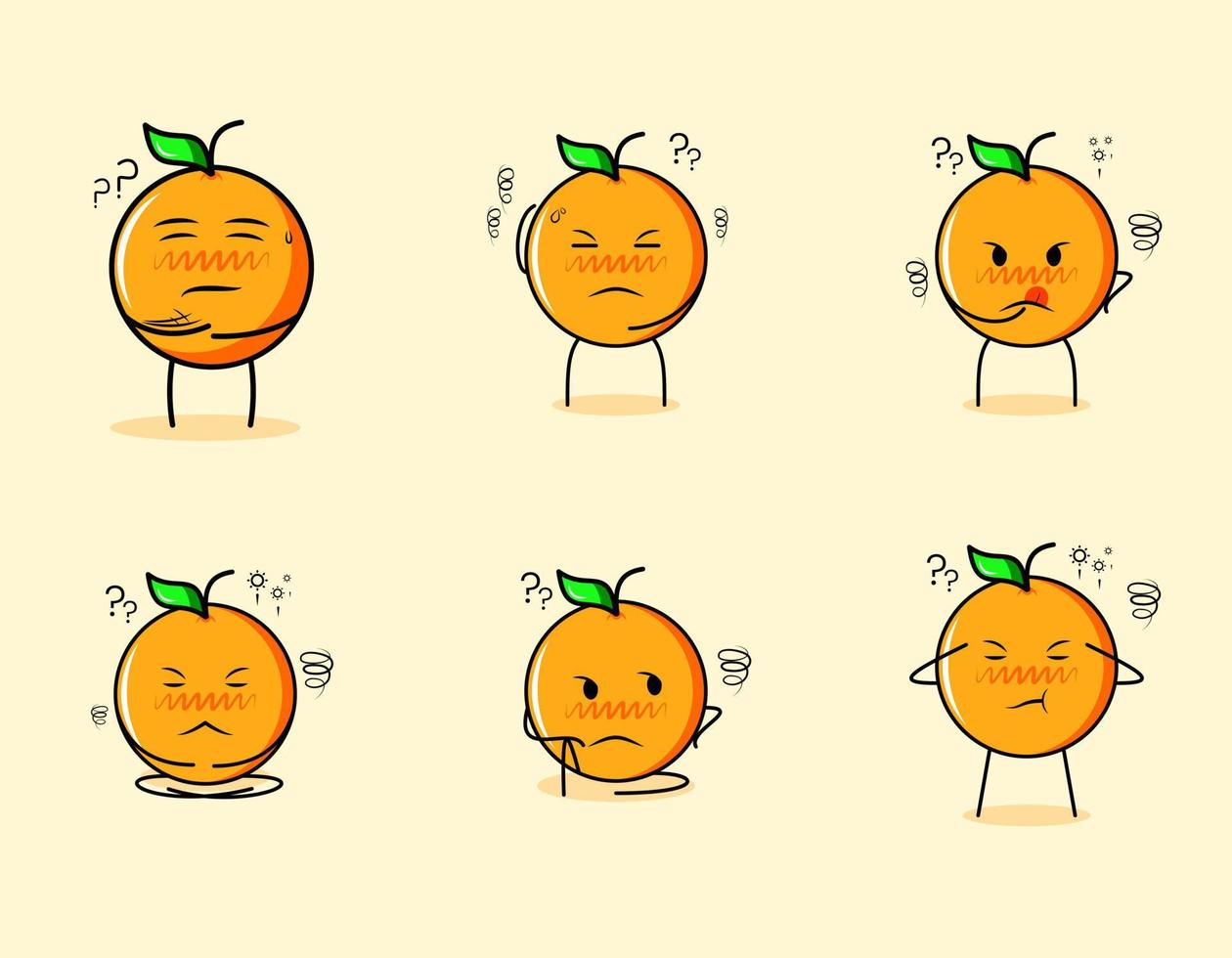 sammlung von niedlichen orangefarbenen zeichentrickfiguren mit denkenden ausdrücken. geeignet für Emoticon, Logo, Symbol und Maskottchen vektor