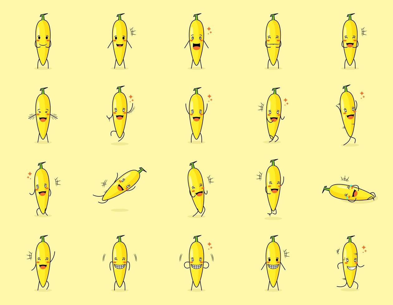 satz niedlicher bananenzeichentrickfigur mit glücklichem und lächelndem ausdruck. geeignet für Emoticon, Logo, Symbol und Maskottchen vektor