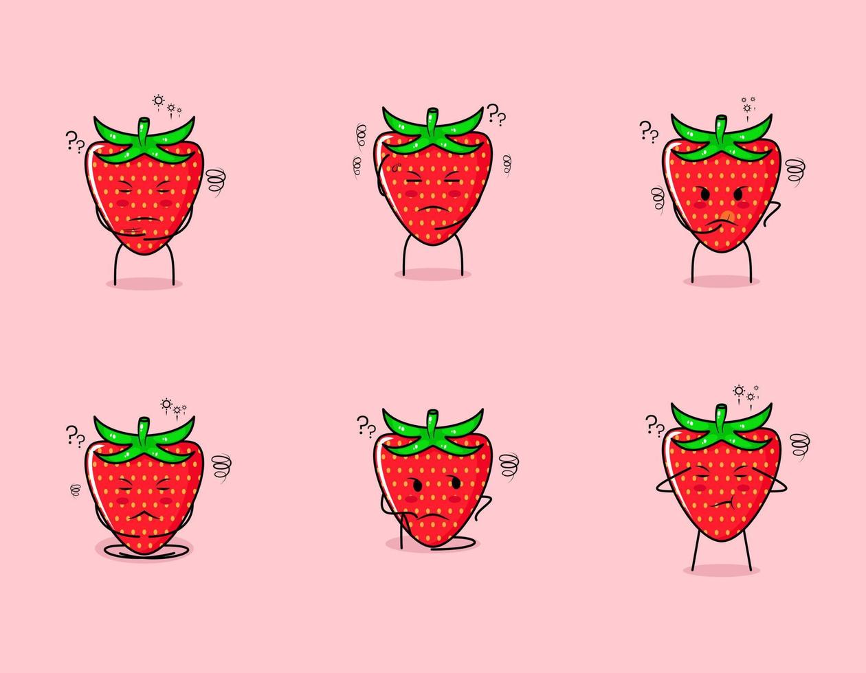 uppsättning av söta jordgubbar seriefigur med tänkande uttryck. lämplig för uttryckssymbol, logotyp, symbol och maskot vektor