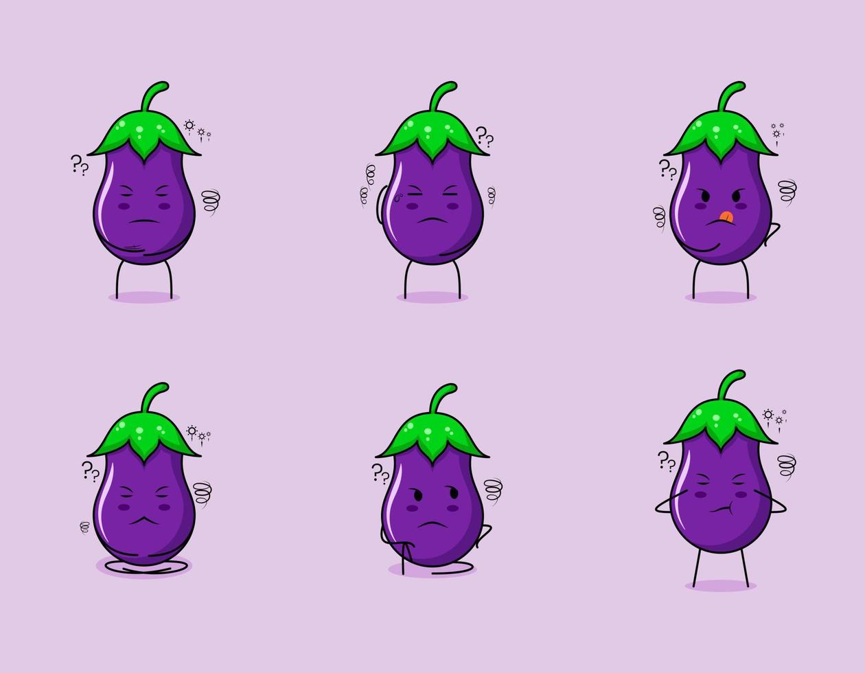 samling av söt aubergine seriefigur med tänkande uttryck. lämplig för uttryckssymbol, logotyp, symbol och maskot. såsom uttryckssymbol, klistermärke eller grönsakslogotyp vektor