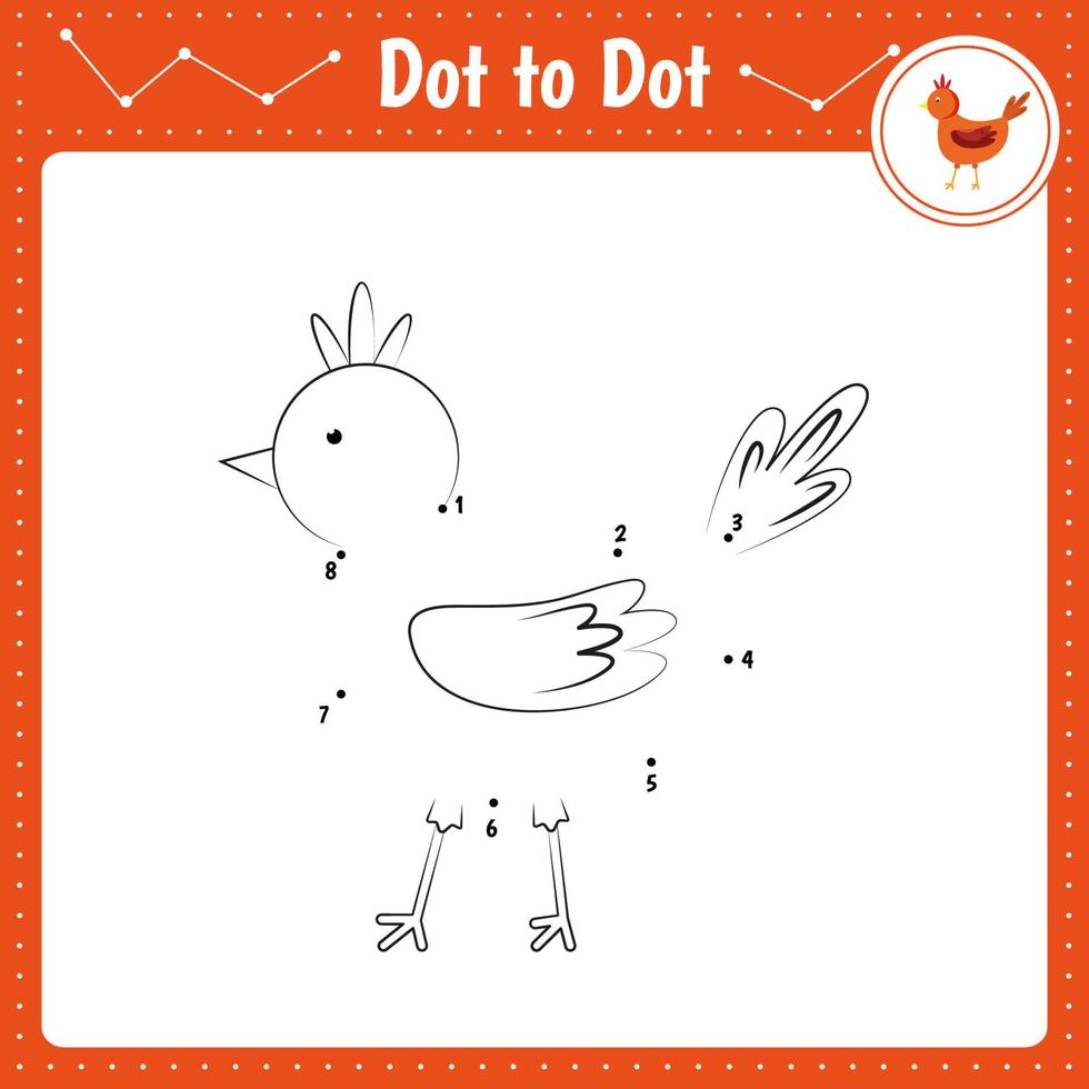 koppla ihop prickarna. kyckling. prick till prick pedagogiskt spel. målarbok för förskolebarn aktivitet kalkylblad. vektor illustration.