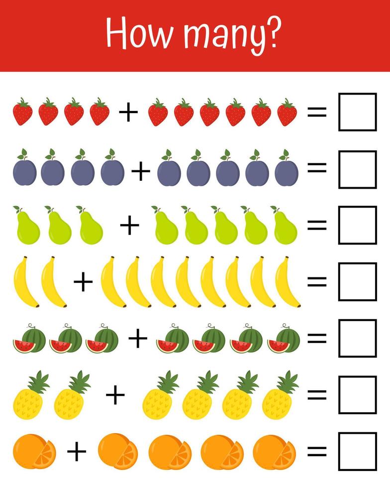 Wie viele Zählspiele mit verschiedenen Früchten für Kinder. Mathematik-Lernspiel für Kinder. Lernsubtraktionsarbeitsblatt für Kinder, Zählaktivität. Vektorkarten zum Lernen der Multiplikation. vektor