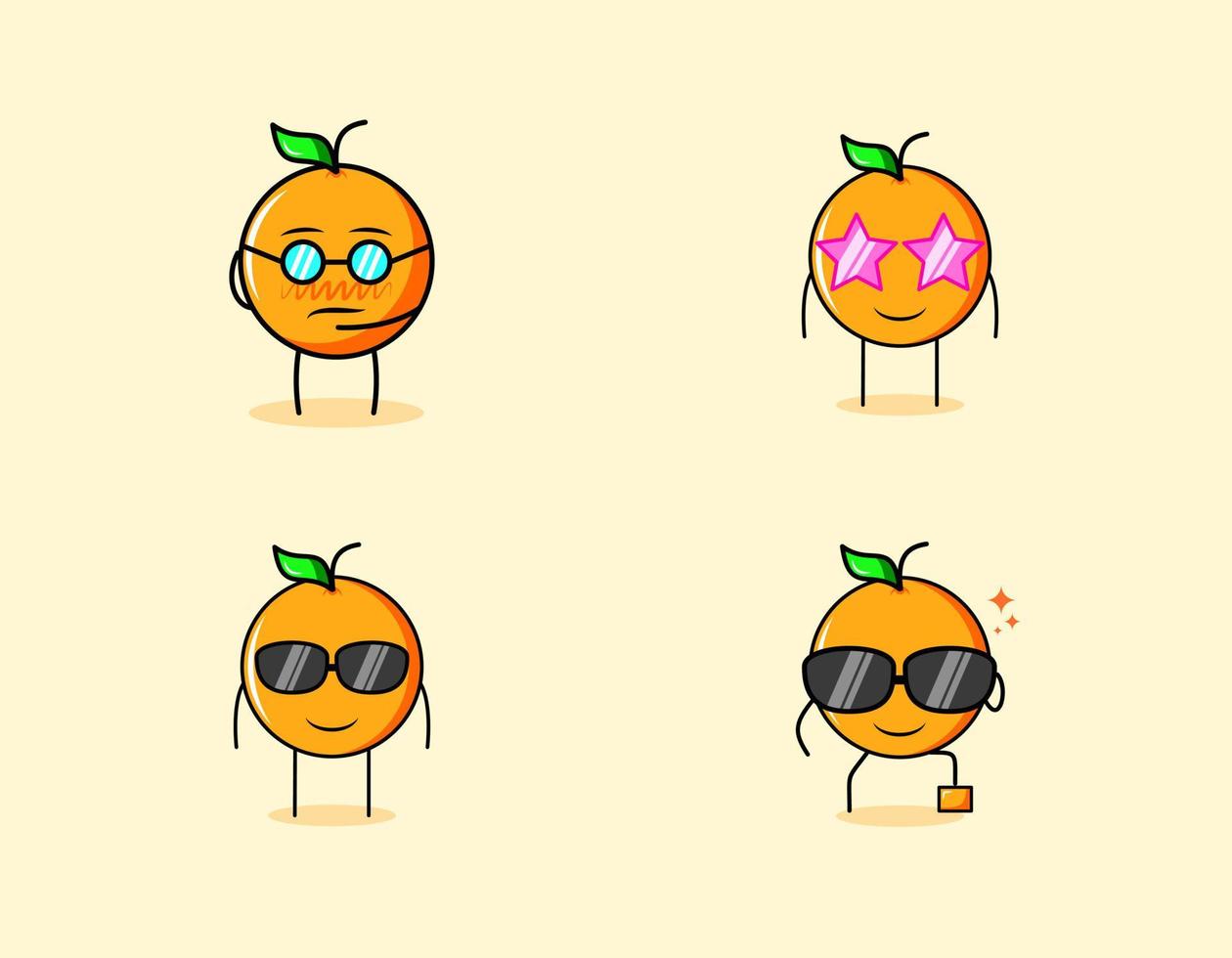 sammlung süßer orangefarbener zeichentrickfiguren mit ernsten, lächelnden und brillenausdrücken. geeignet für Emoticon, Logo, Symbol und Maskottchen vektor