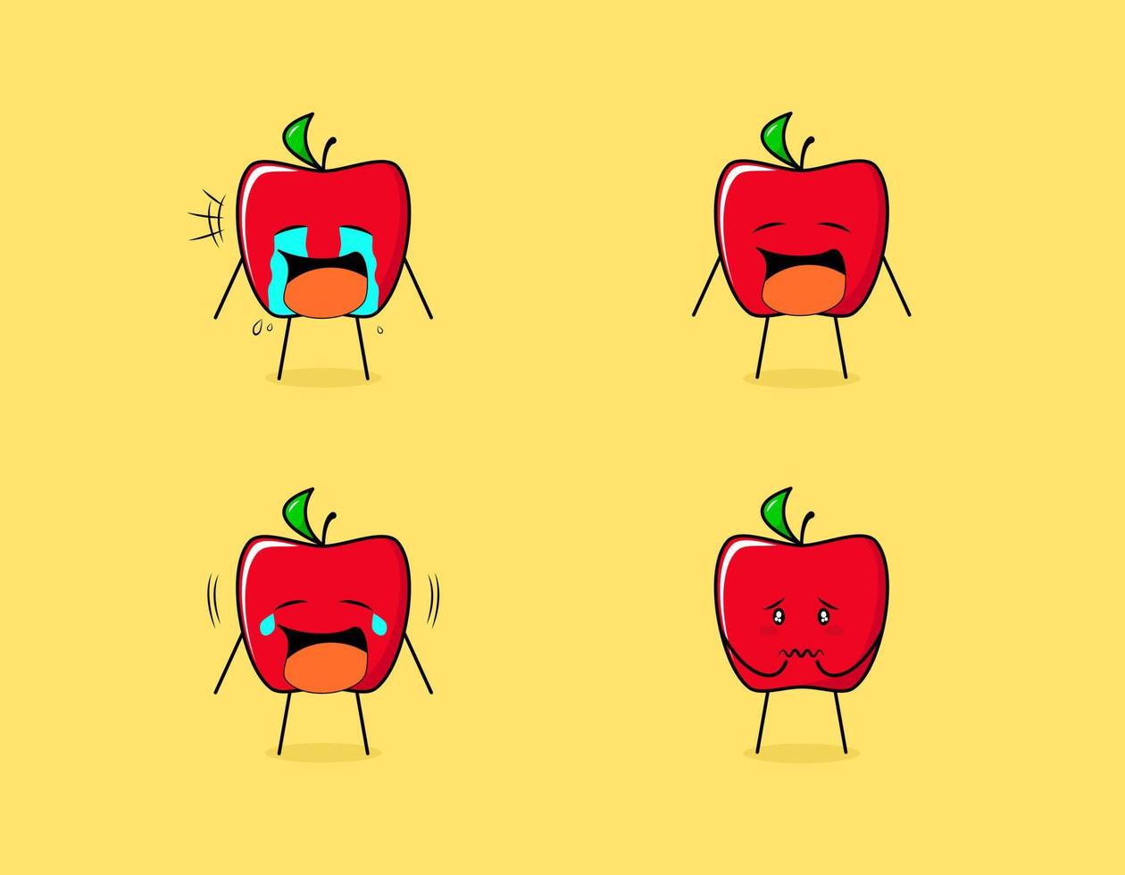 uppsättning av söta rött äpple karaktär med gråtande och ledsna uttryck. lämplig för uttryckssymbol, logotyp, symbol och maskot vektor