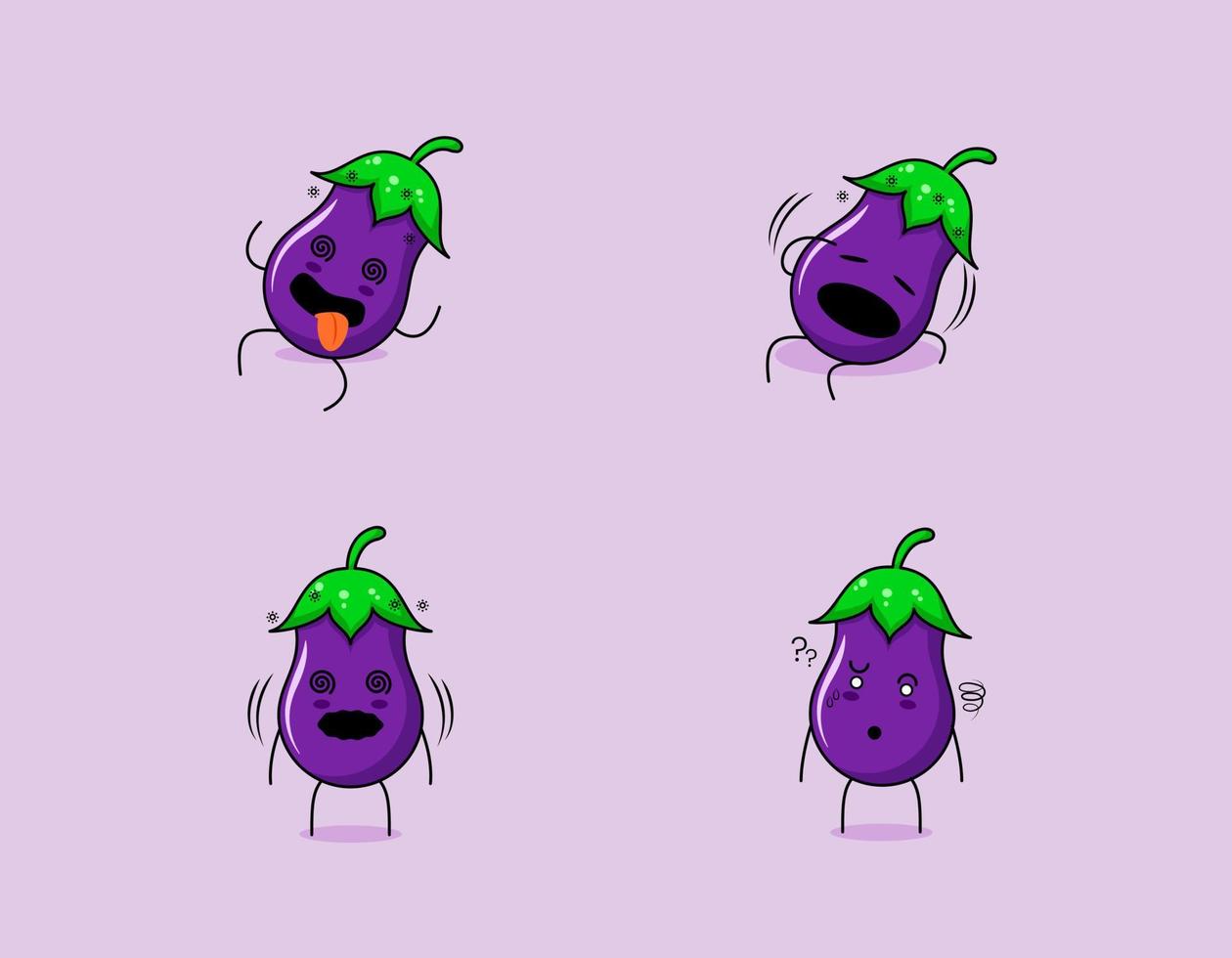 sammlung süßer auberginen-zeichentrickfiguren mit schwindelerregendem ausdruck. geeignet für Emoticon, Logo, Symbol und Maskottchen. wie Emoticon, Aufkleber oder Gemüselogo vektor