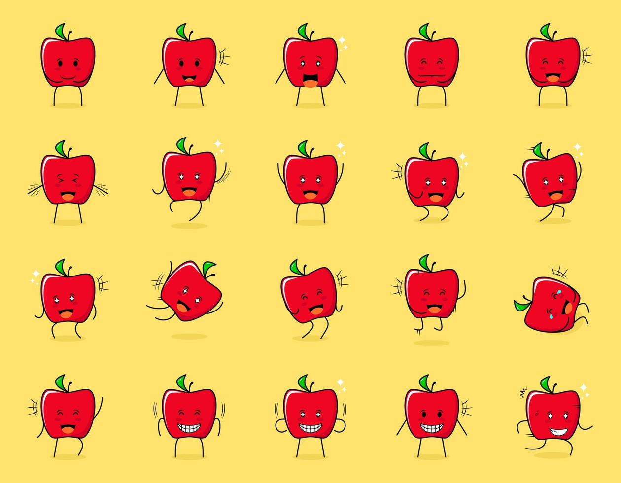 uppsättning av söta rött äpple karaktär med glada och leende uttryck. lämplig för uttryckssymbol, logotyp, symbol och maskot vektor