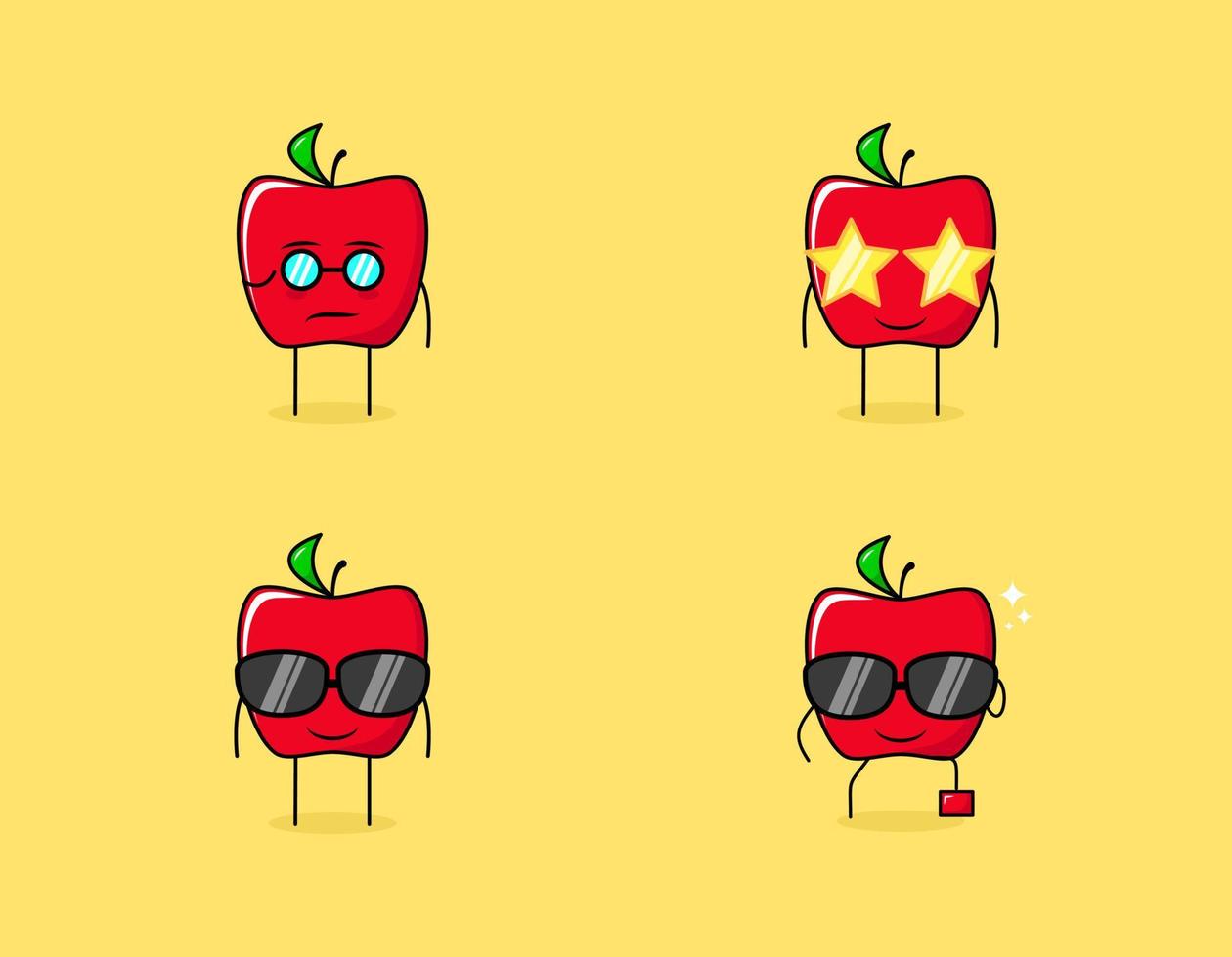 uppsättning av söta rött äpple karaktär med allvarliga, leende och glasögon uttryck. lämplig för uttryckssymbol, logotyp, symbol och maskot vektor