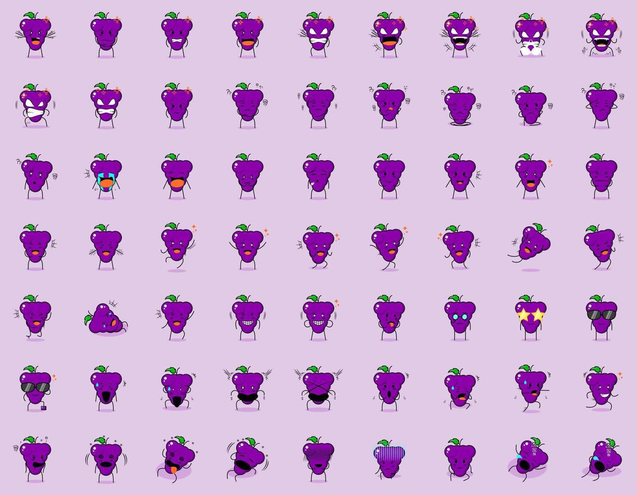 sammlung von niedlichen traubenkarikaturcharakterausdrücken. wütender Ausdruck, nachdenklich, weinend, traurig, verwirrt, flach, glücklich, verängstigt, schockiert, schwindelig, hoffnungslos, schlafend. geeignet für Emoticon und Maskottchen vektor