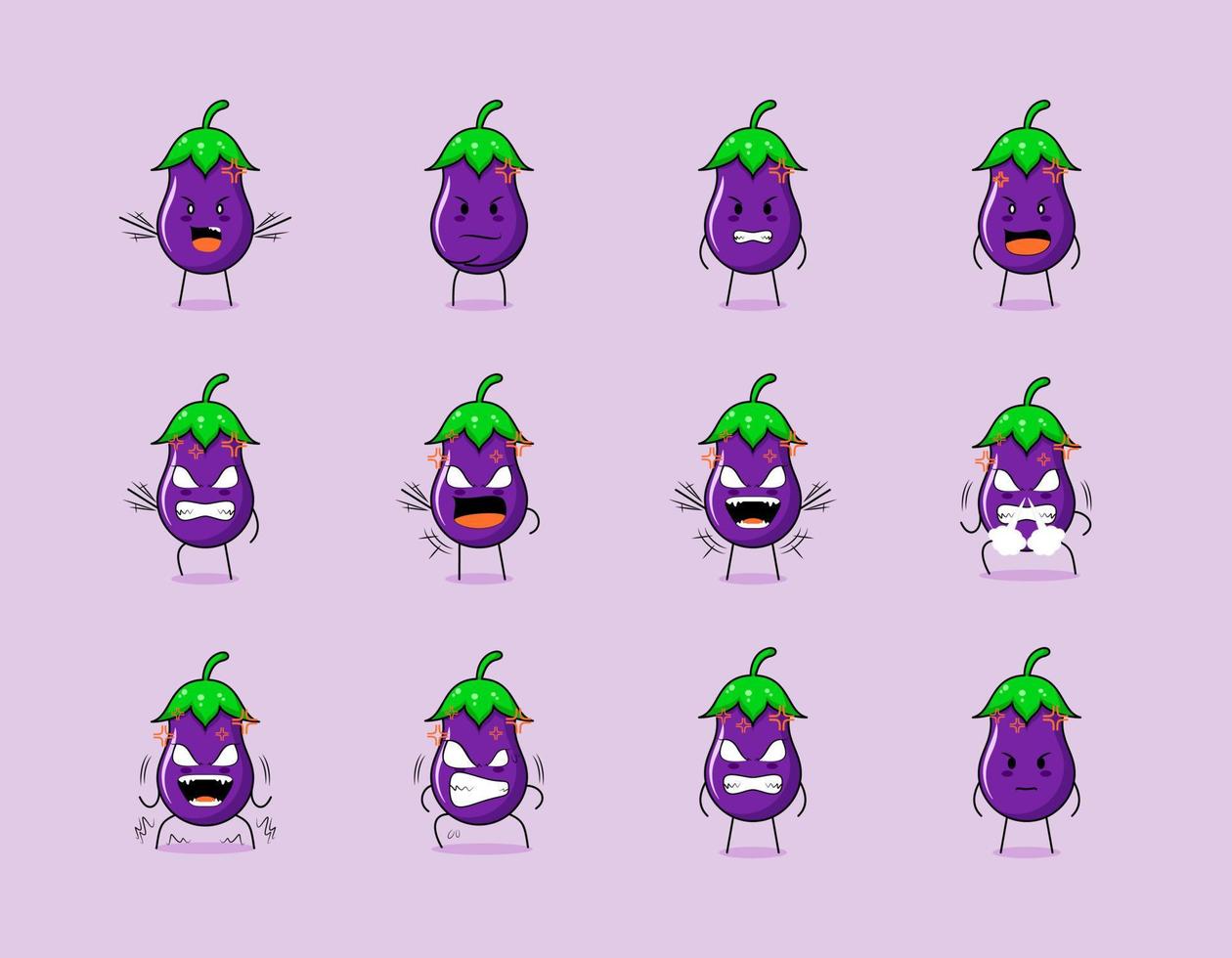 samling av söt aubergine seriefigur med argt uttryck. lämplig för uttryckssymbol, logotyp, symbol och maskot. såsom uttryckssymbol, klistermärke eller grönsakslogotyp vektor
