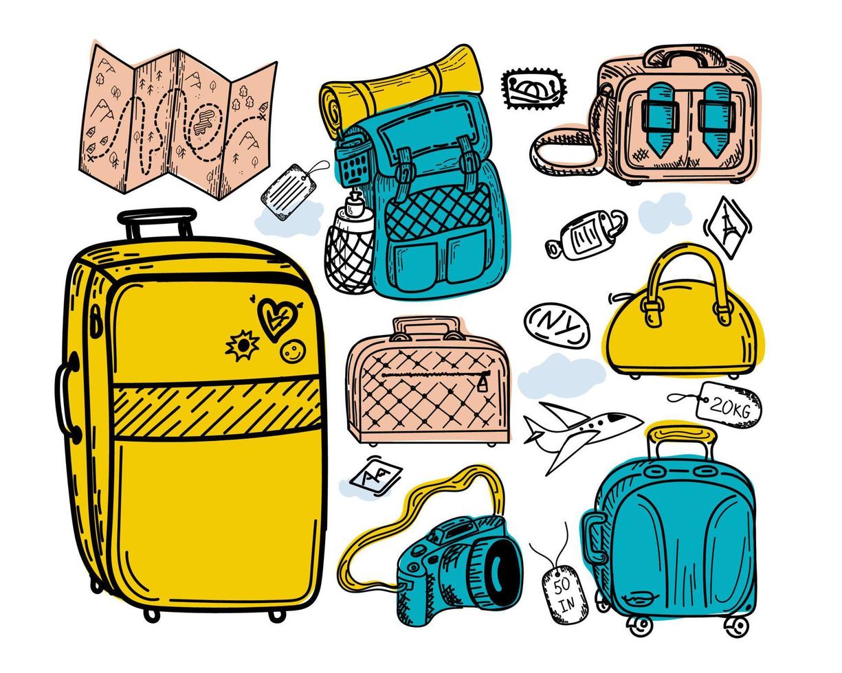 uppsättning av olika typer av bagage, handritade i skiss stil. vektor illustration. stor och liten resväska, ryggsäck, liten väska, handbagage, valise, tags. Karta. kamera. flygplan. skiss