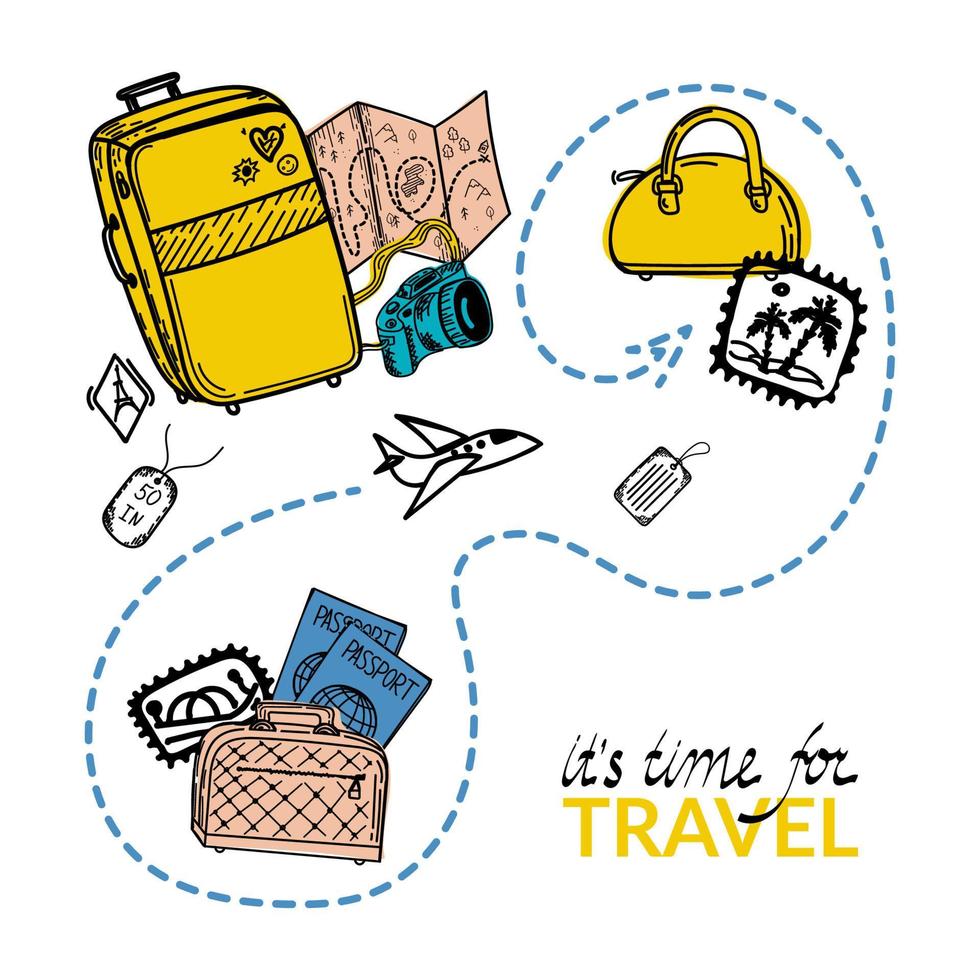 dags att resa. motiverande header. resor banderoll med tecknad resväska, pass och bagage. flygande plan på semester. frimärken med palmer. vektor illustration i platt design. familjeresor