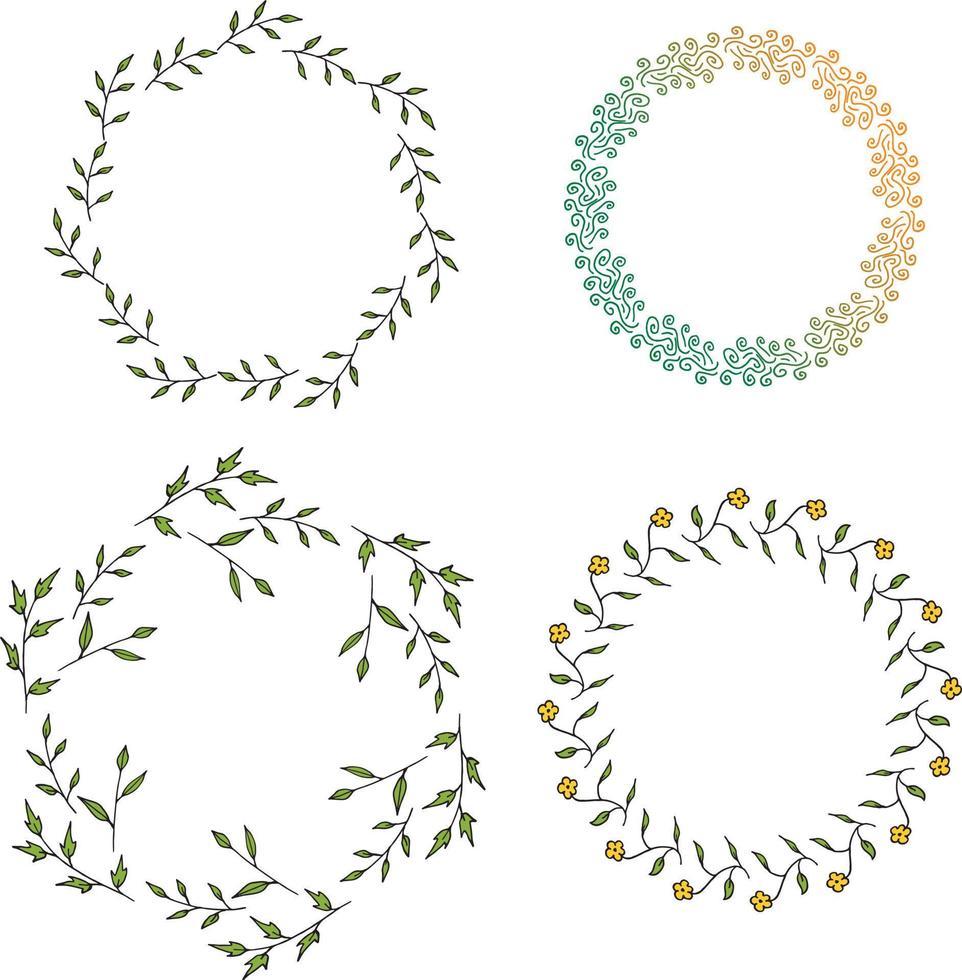 vier runde rahmen aus grünen zweigen und verschiedenen mehrfarbigen dekorelementen. Kränze auf weißem Hintergrund für Ihr Design vektor