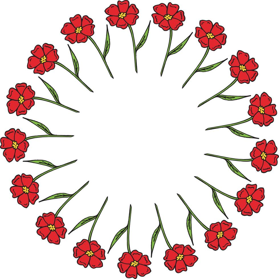 rund ram gjord av röda blommor. romantisk krans på vit bakgrund för din design vektor