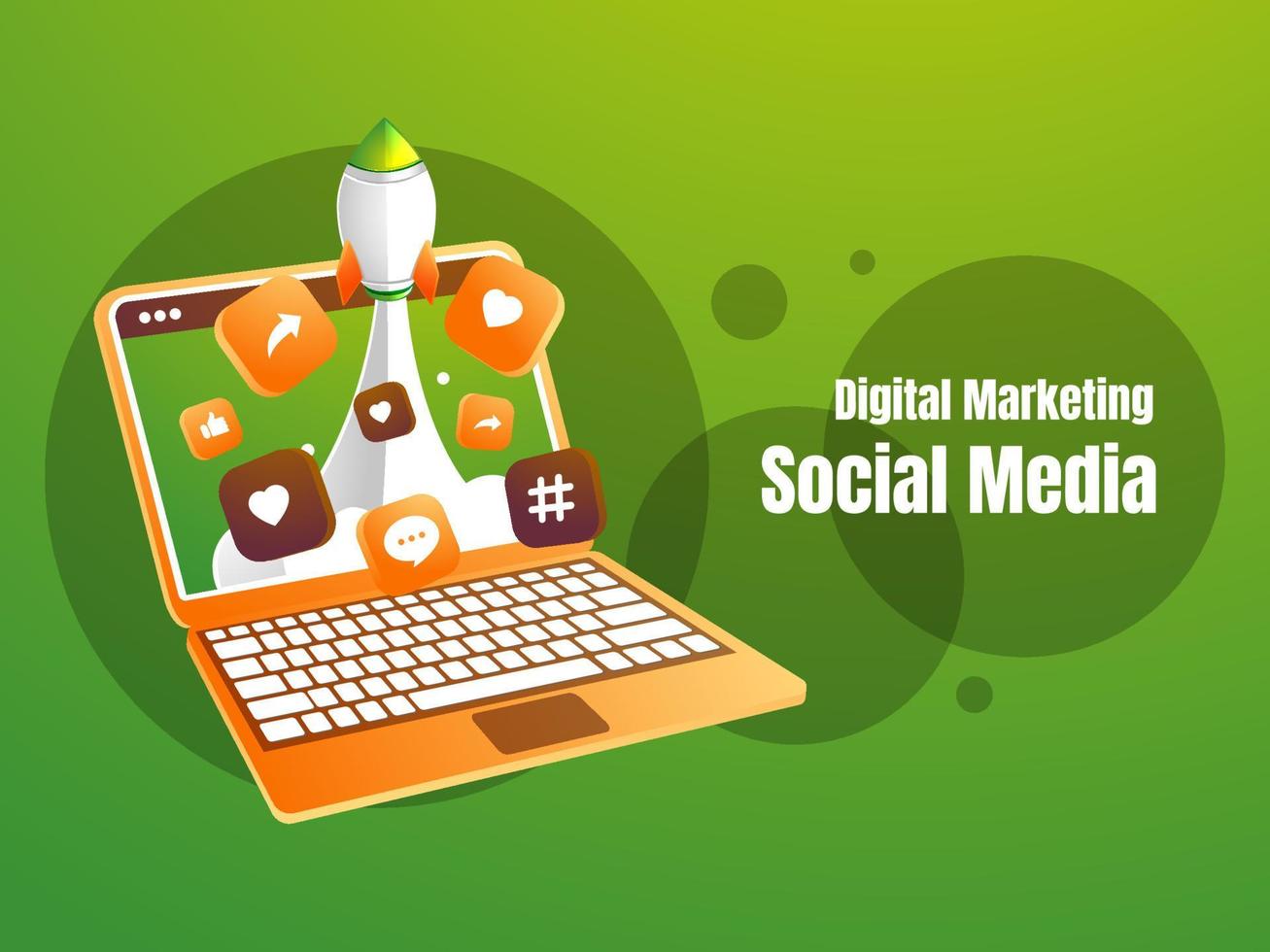 social media marketing mit laptop und rakete social media marketing-konzept vektor