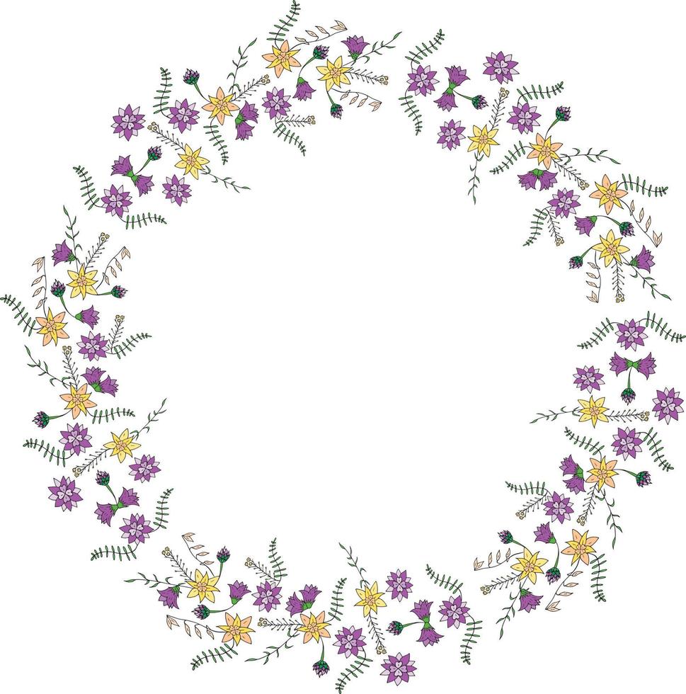 rund ram gjord av blommor och örter. romantisk blommig krans på vit bakgrund. festlig blommig cirkel för din design vektor