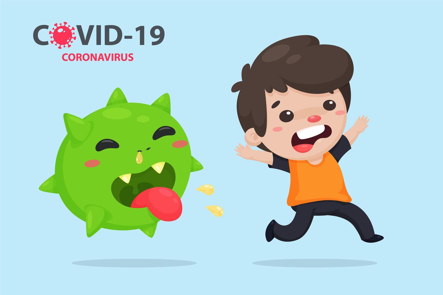 Cartoon-Mann läuft von einem Coronavirus weg vektor