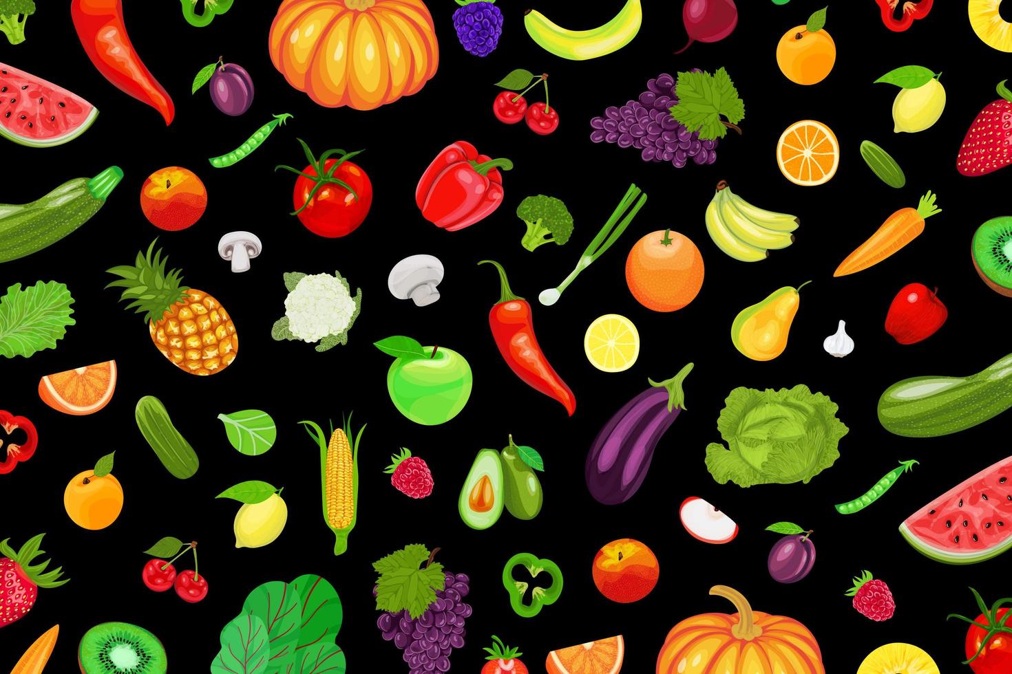 Obst- und Gemüsemuster auf Schwarz vektor