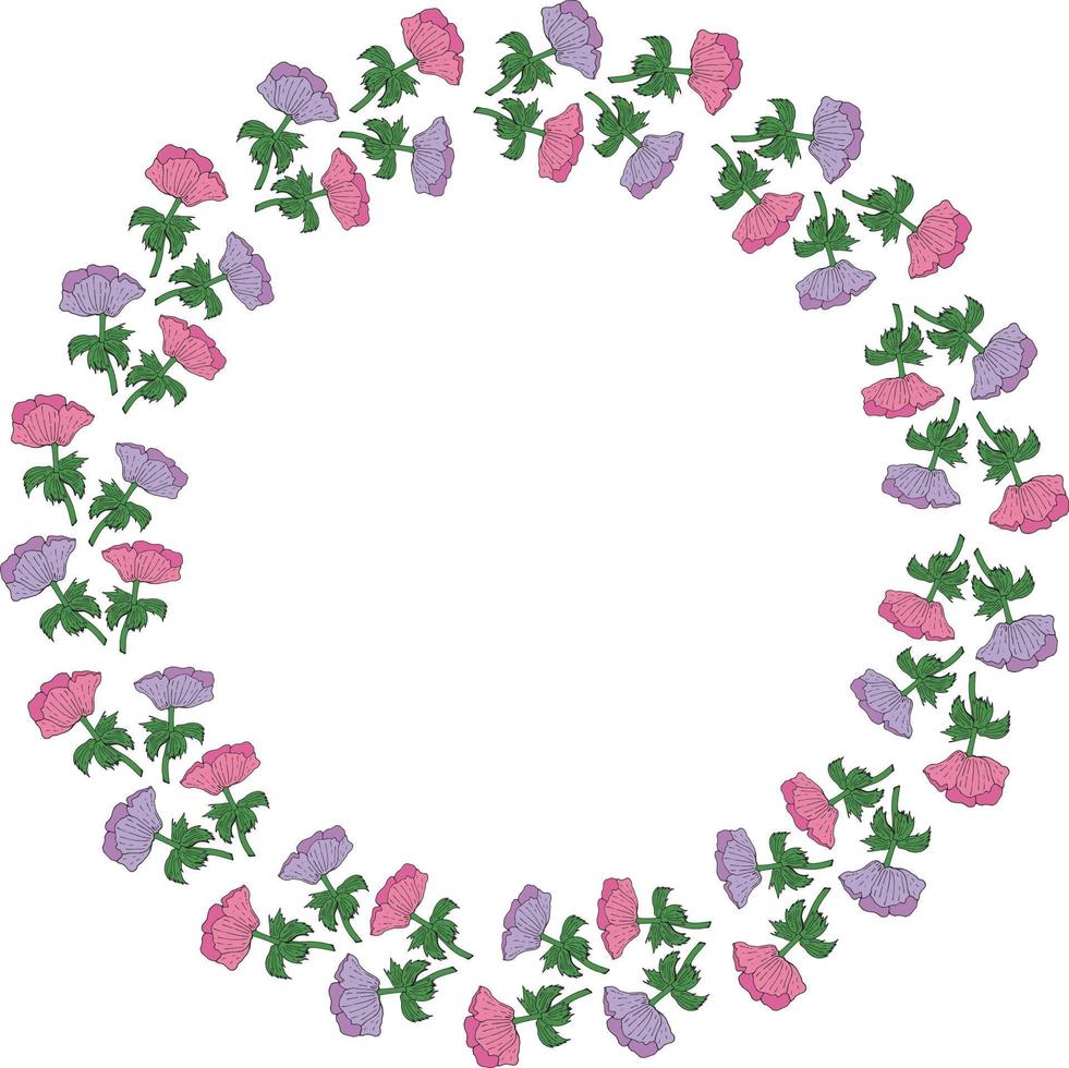 runder rahmen aus violetten und rosa anemonen. romantischer Kranz auf weißem Hintergrund für Ihr Design vektor