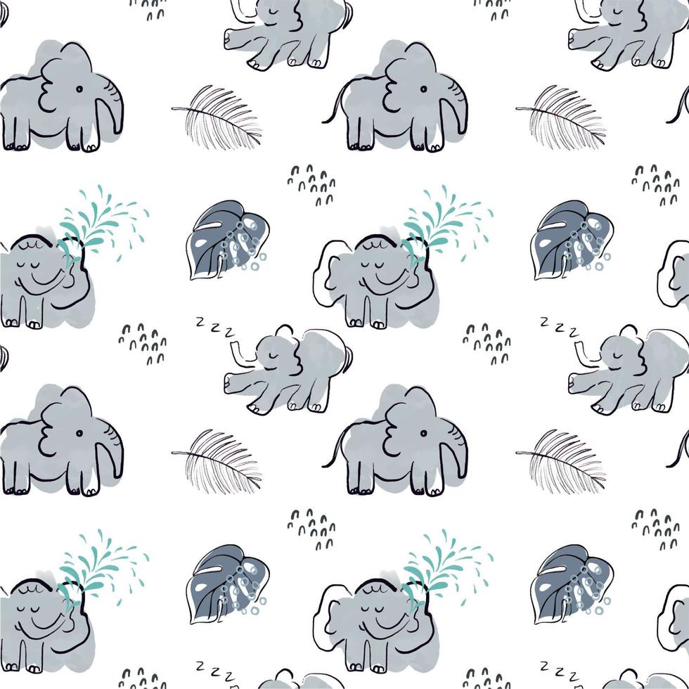 söt baby vektor sömlösa mönster med handritade elefanter och tropiska växter på vit bakgrund. söta karaktärer i enkel stil. bra för barnkammare, kläder, textil, papper.