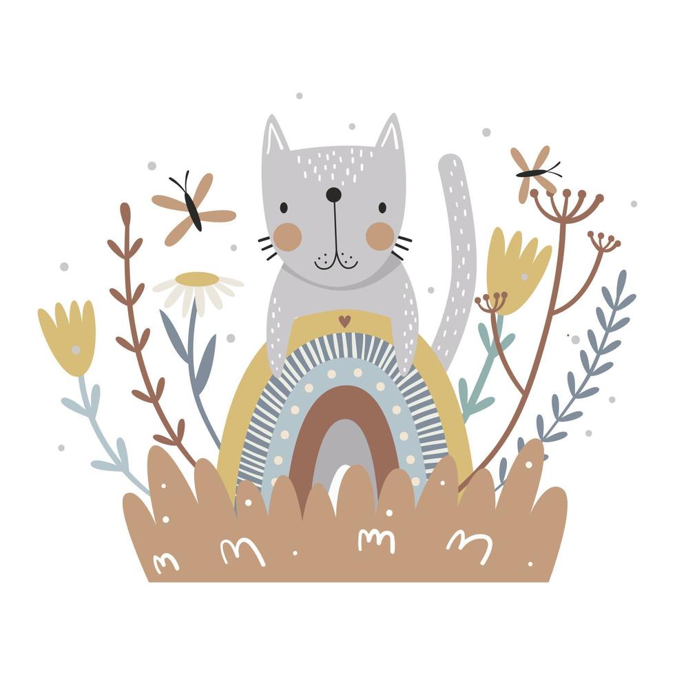 söt katt, regnbåge och blommor. tryck för barn. vektor illustration.