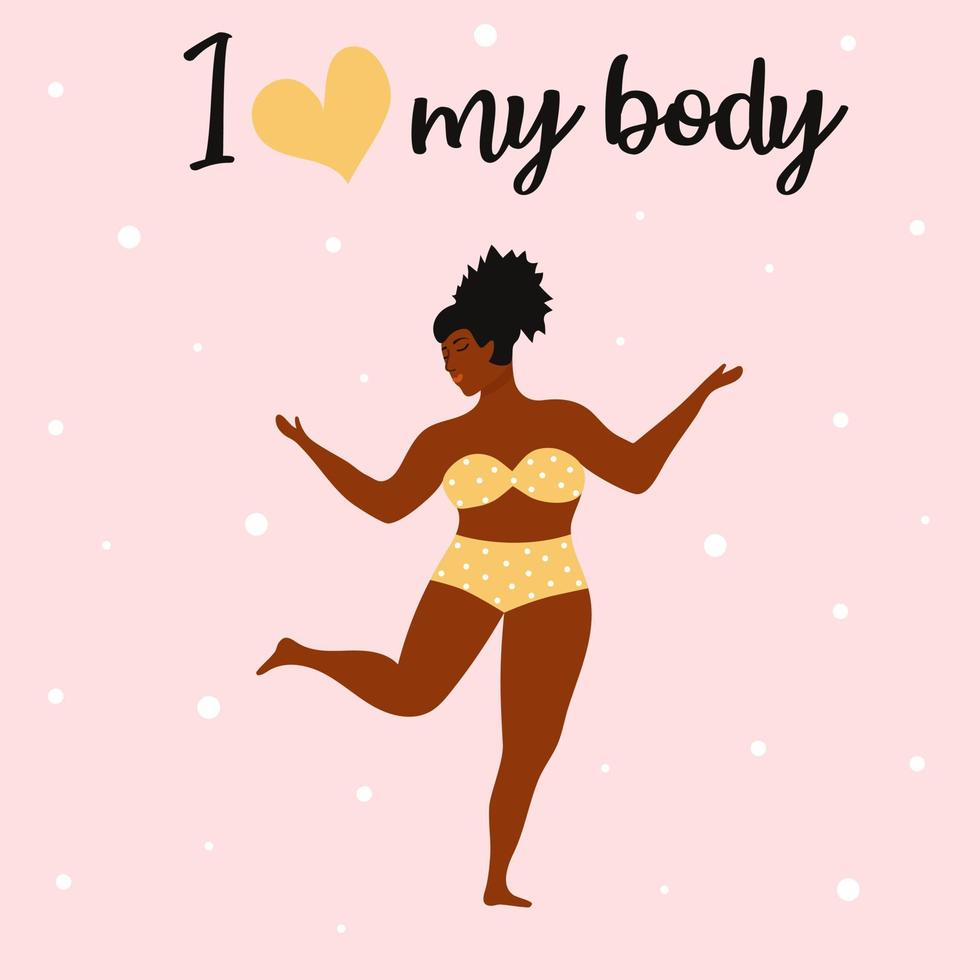 Übergewichtige afrikanische Frau im Bikini. Ich liebe mein Körperzitat. Body-Positive-Bewegung und Feminismus. vektor