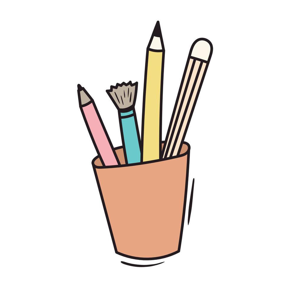 Vektor-Doodle-Schulbecher-Symbol mit Schreibwaren, Kugelschreibern und Bleistiften. vektor