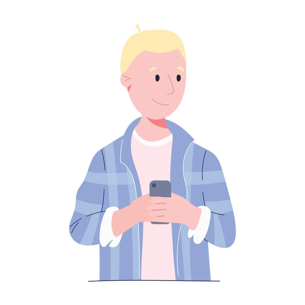 vektorillustration eines jungen mannes mit einem handy in seinen händen. Ein moderner Mensch verwendet ein Gadget zur Kommunikation oder zum Chatten. vektor