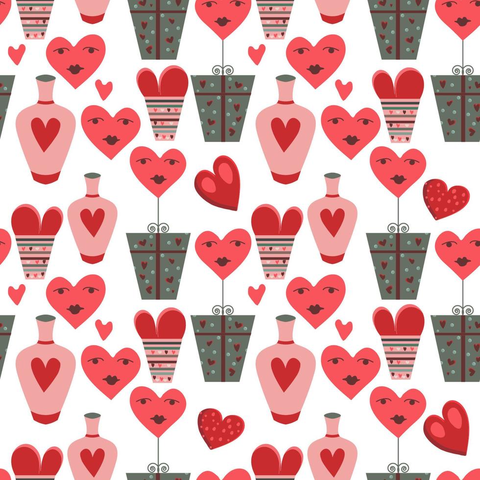 Alla hjärtans dag seamless mönster med rosa och röda hjärtan, godis, cupids, diamanter och fåglar. vektor illustration.
