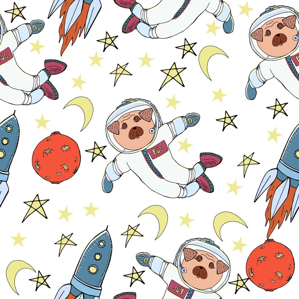 plantskola sömlösa mönster. handritade söta små mopsar astronauter i rymden. valpar, stjärnor, planeter, rymdskepp, raketer. vektor