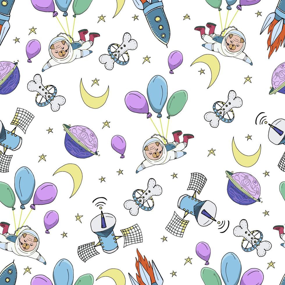 Kindergarten Musterdesign. handgezeichnete niedliche kleine möpse astronauten im weltraum. Welpen, Sterne, Planeten, Raumschiffe, Raketen. vektor