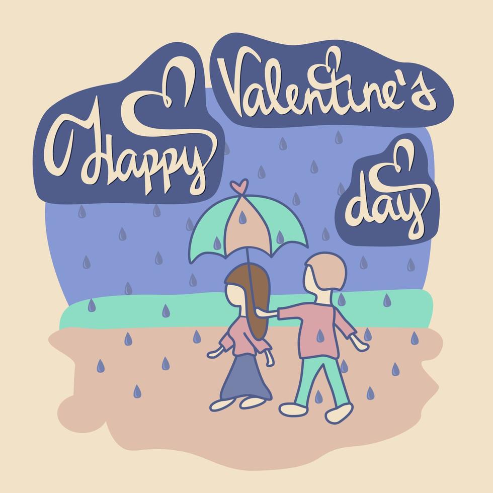 Happy Valentines Day Card Verliebter Mann hält Regenschirm über einem Mädchen, das Tag regnet vektor