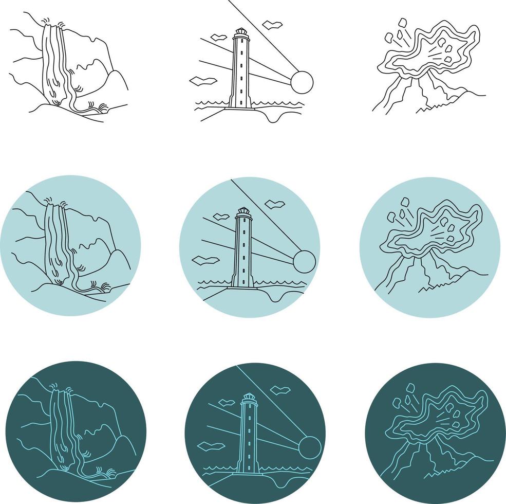 uppsättning linjära ikoner Island objekt, vattenfall, fyr, vulkan vektor illustration